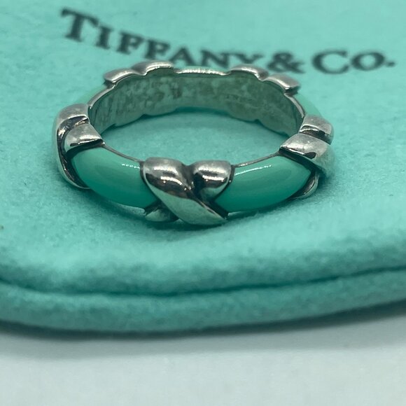 Tiffany & Co. Blue Enamel Signature X Band Ring Size 5 - Picture 3 of 12